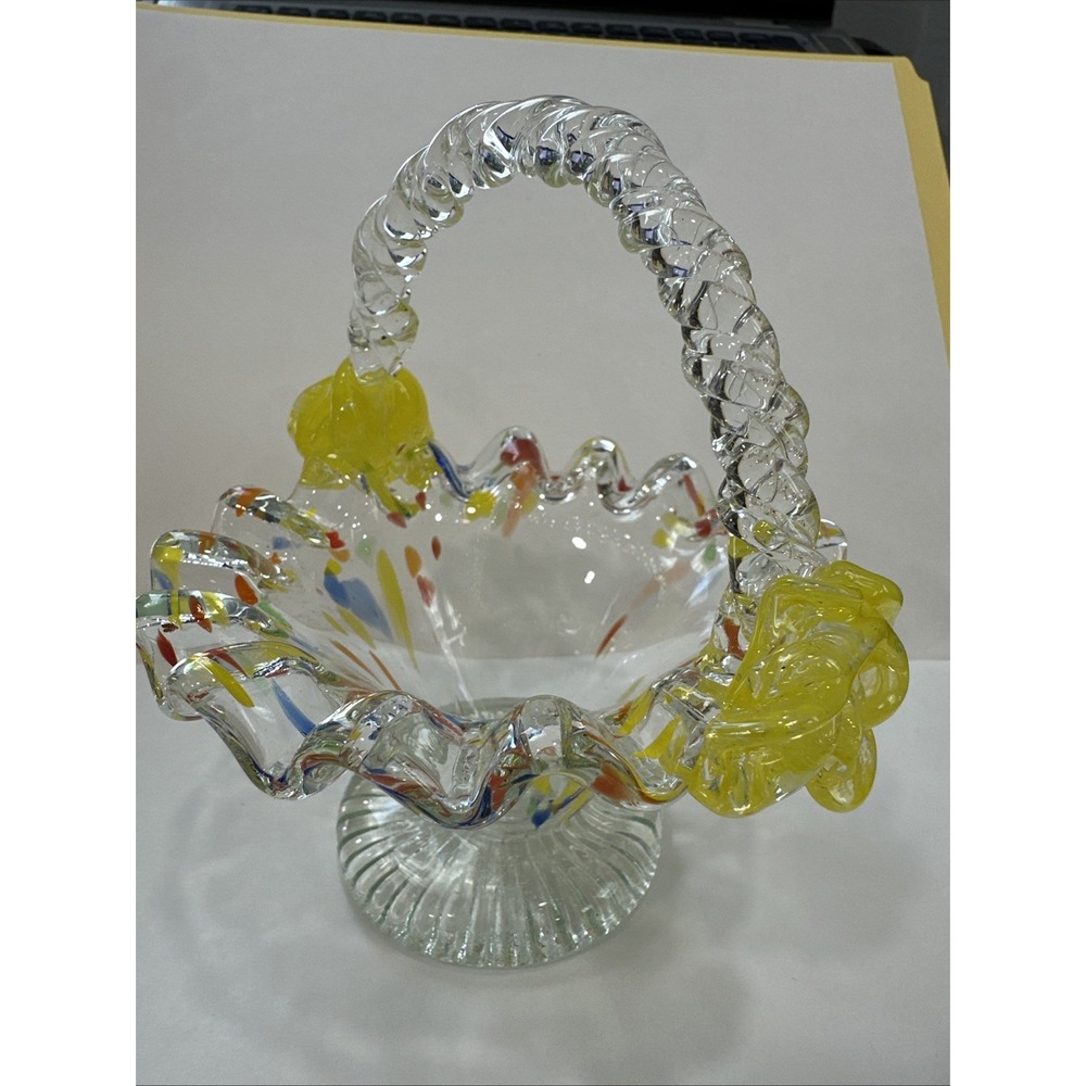 Vintage Hand Blown Art Glass Basket Confetti Spatter Ruffled Yellow Floral 6"